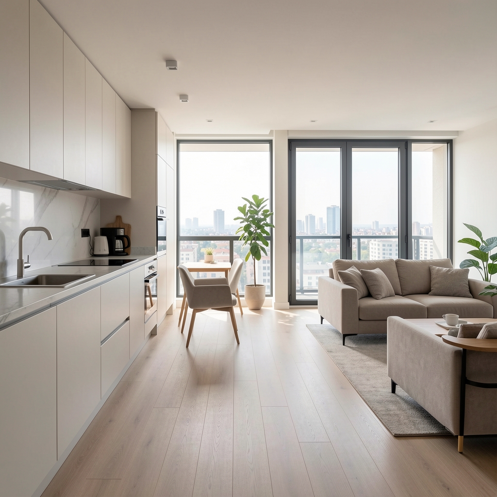 Modern apartman dairesinin içi; açık plan mutfak ve yaşam alanı, büyük pencereler, temiz minimalist tasarım, Türkiye konut piyasası