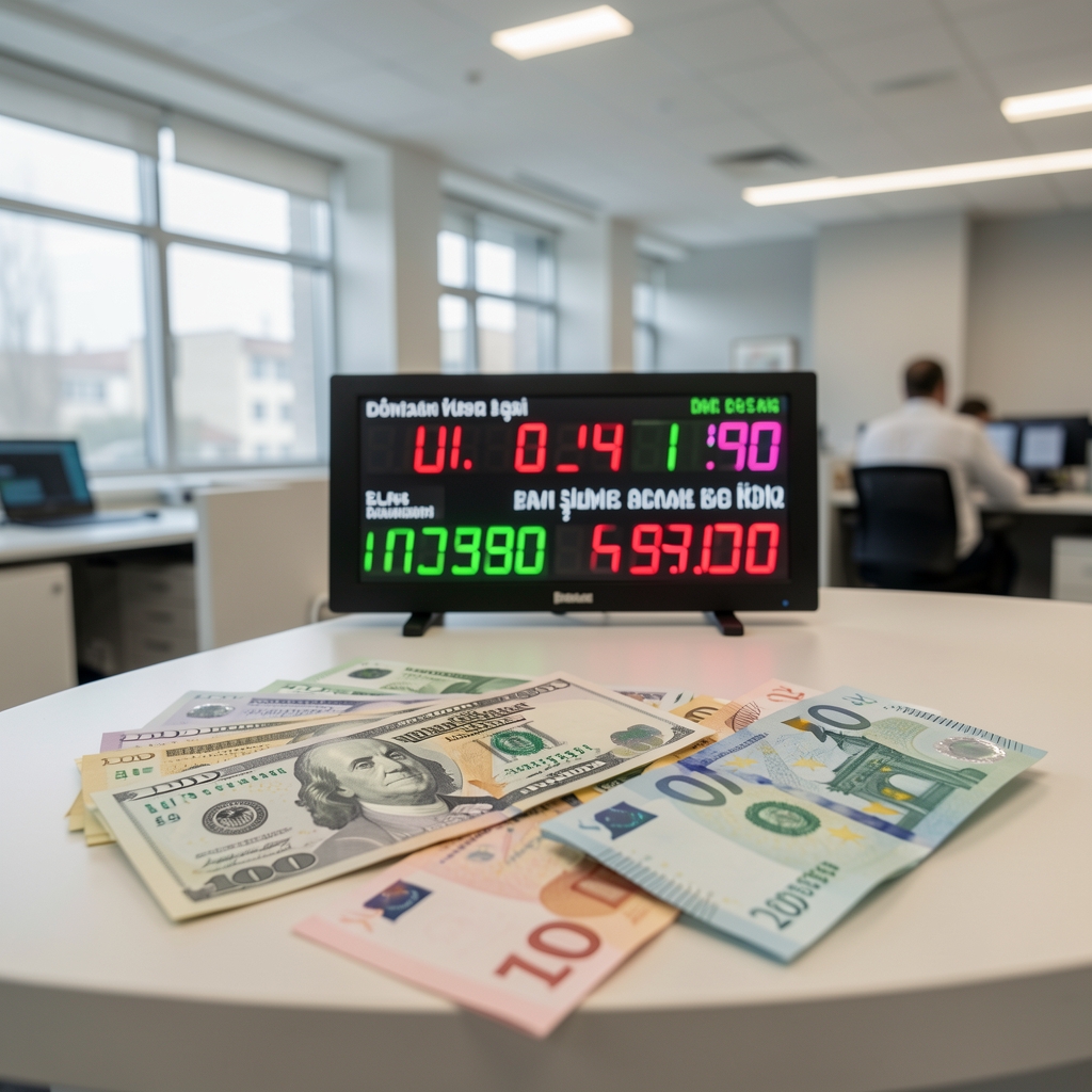 Döviz bürosu ya da banka şubesinde ABD Doları ve Euro banknotlarının önünde elektronik kur gösterge tablosu; para birimi değişimi konsepti