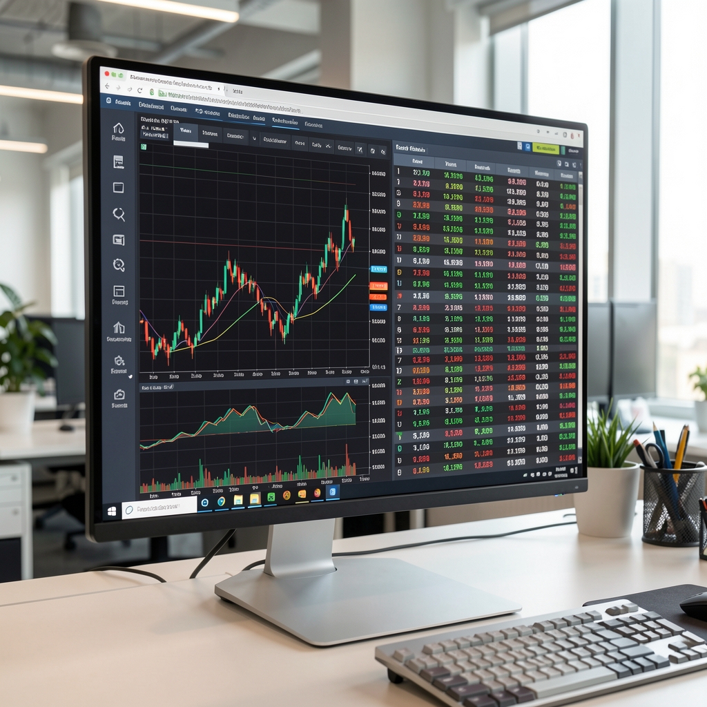 Büyük monitörde finansal piyasa verileri; renkli çizgi grafikleri ve sayılar, borsa analiz yazılımı, profesyonel finans ortamı