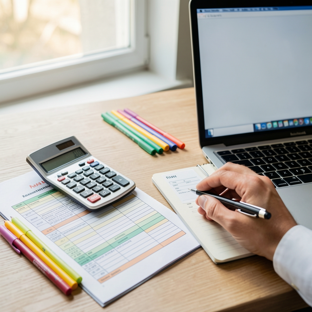 Finansal planlama materyalleri: hesap makinesi, bütçe çizelgesi, renkli kalemler ve laptop üzerinde çalışan bir kişinin eli