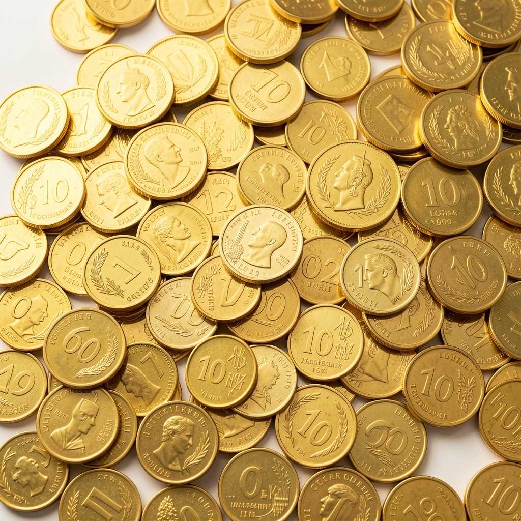 Parlak sarı altın külçeleri ve Türk Lirası madeni paraları, finansal tasarruf ve değer koruma konseptini temsil ediyor