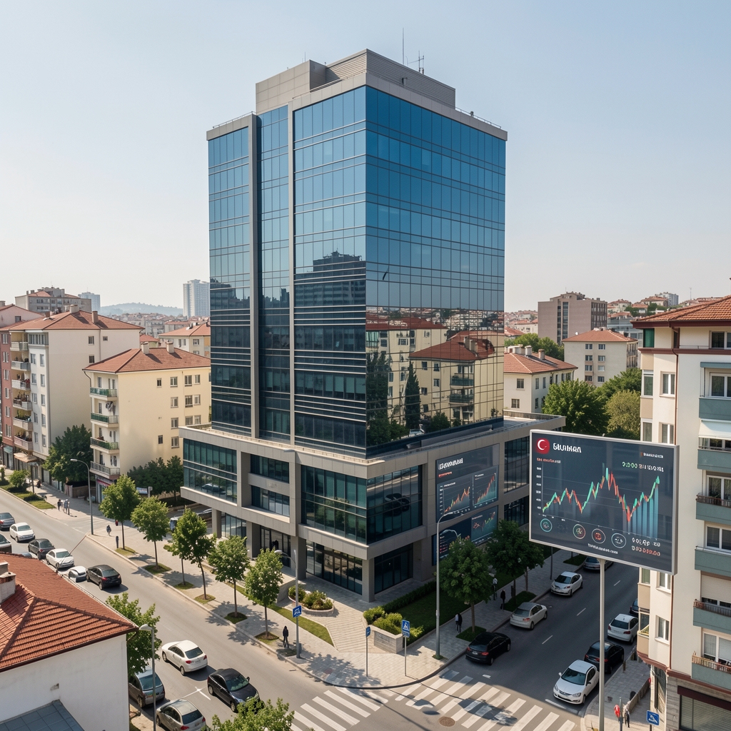 Ankara şehir merkezinde modern ofis binası ve Türk Lirası sembolleri ile ekonomik analiz grafikleri