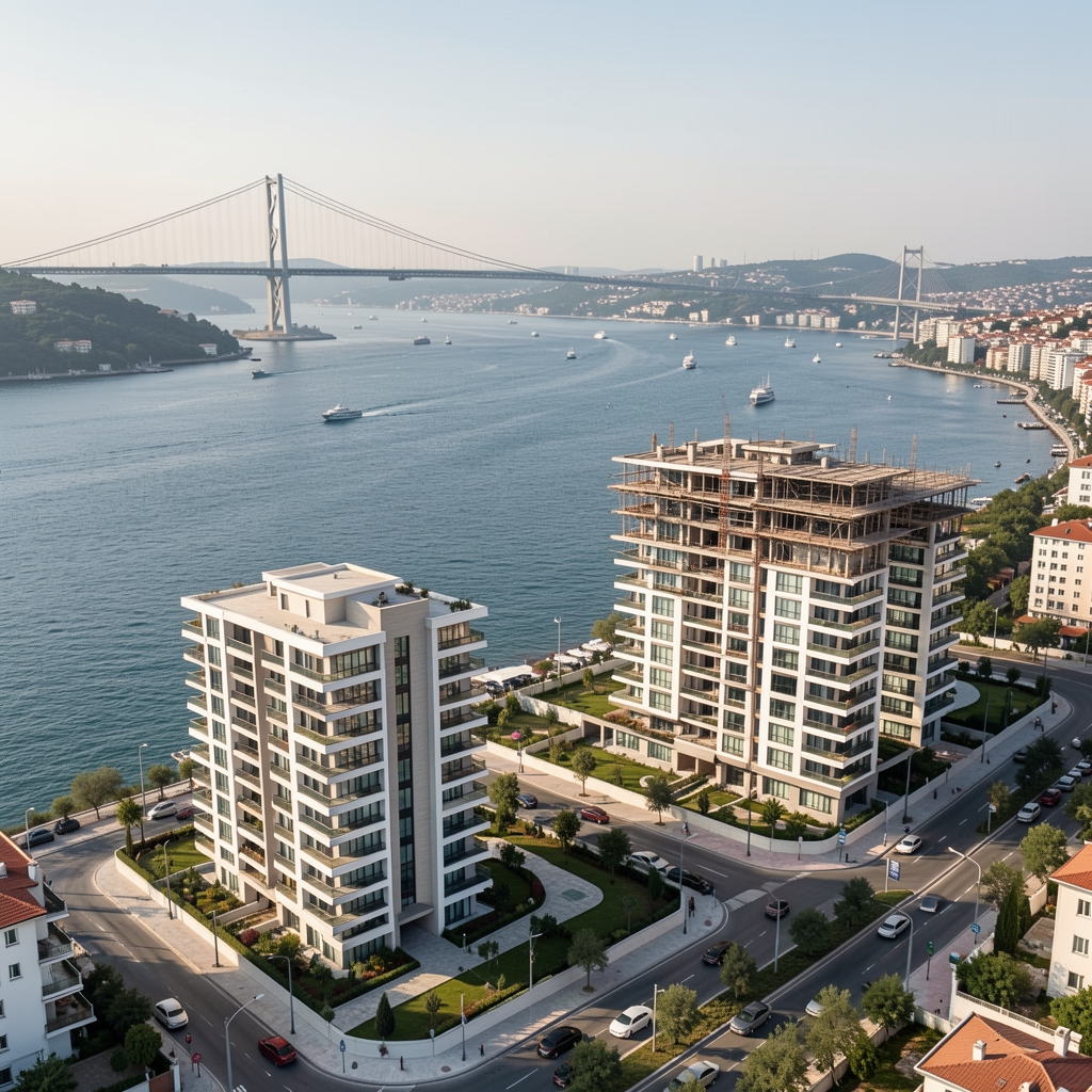 İstanbul Boğazı manzaralı modern konut projesi; yeni inşaat halindeki çok katlı rezidans binaları, gayrimenkul yatırımı konsepti