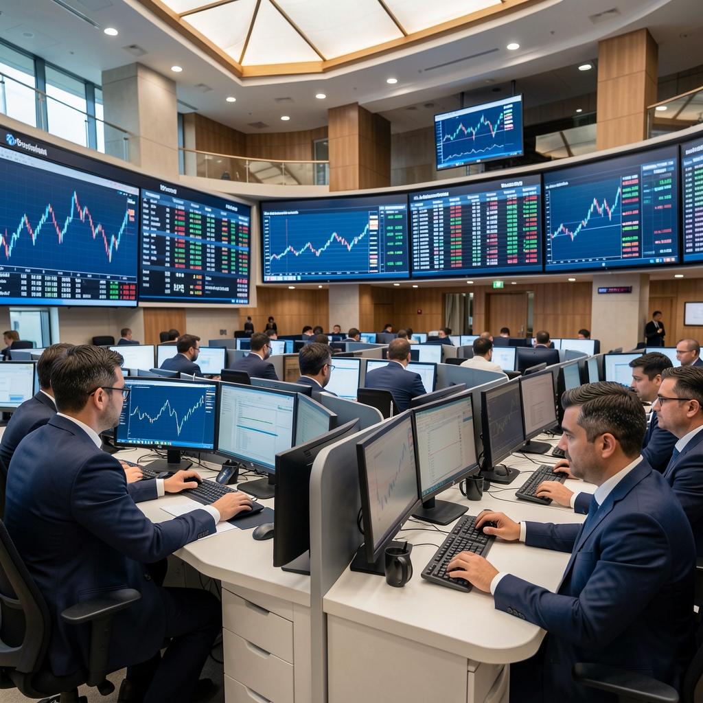 Borsa İstanbul işlem salonu; finans uzmanları bilgisayar ekranları önünde; gerçek zamanlı hisse senedi fiyat göstergeleri ve mavi tonlarda dijital gösterge ekranları