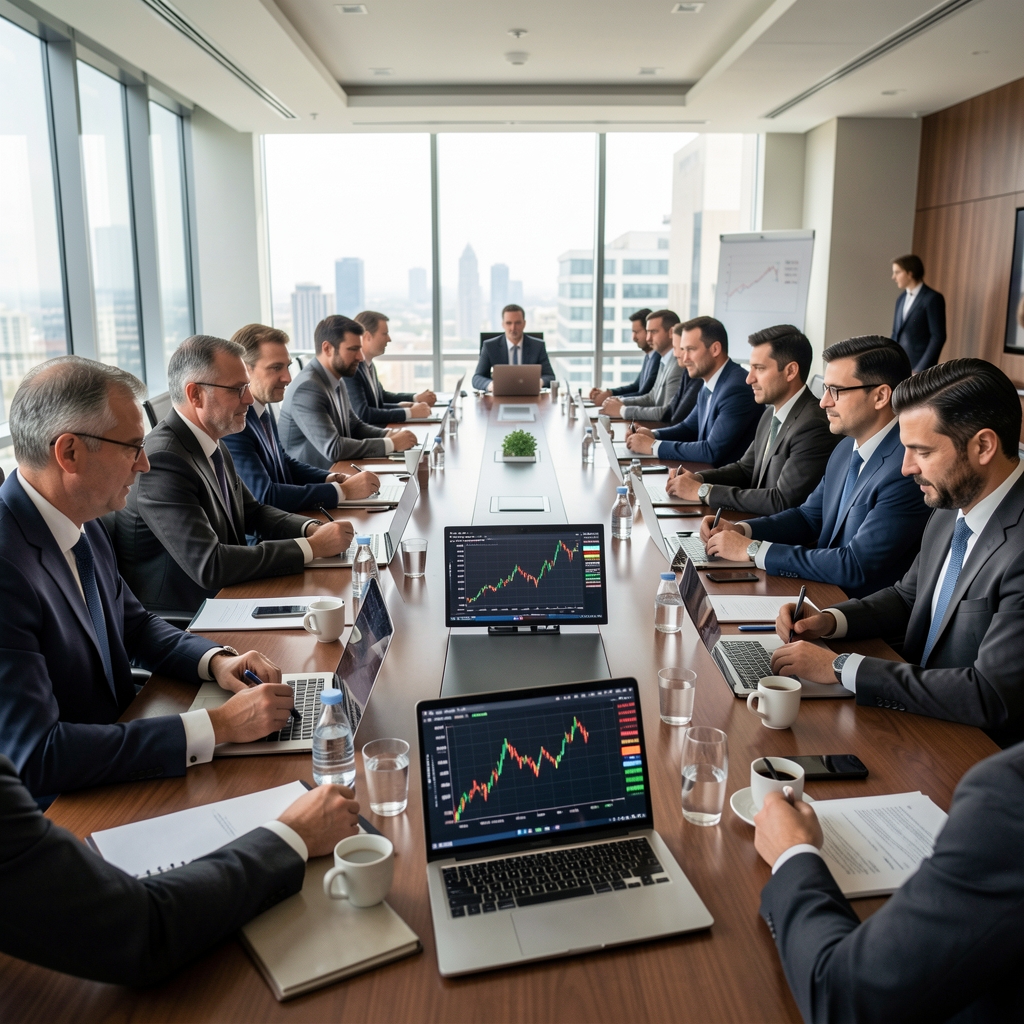 Geniş bir konferans masasında ekonomi uzmanları ve finansal analistlerin enflasyon verilerini ve grafikleri incelediği profesyonel toplantı ortamı
