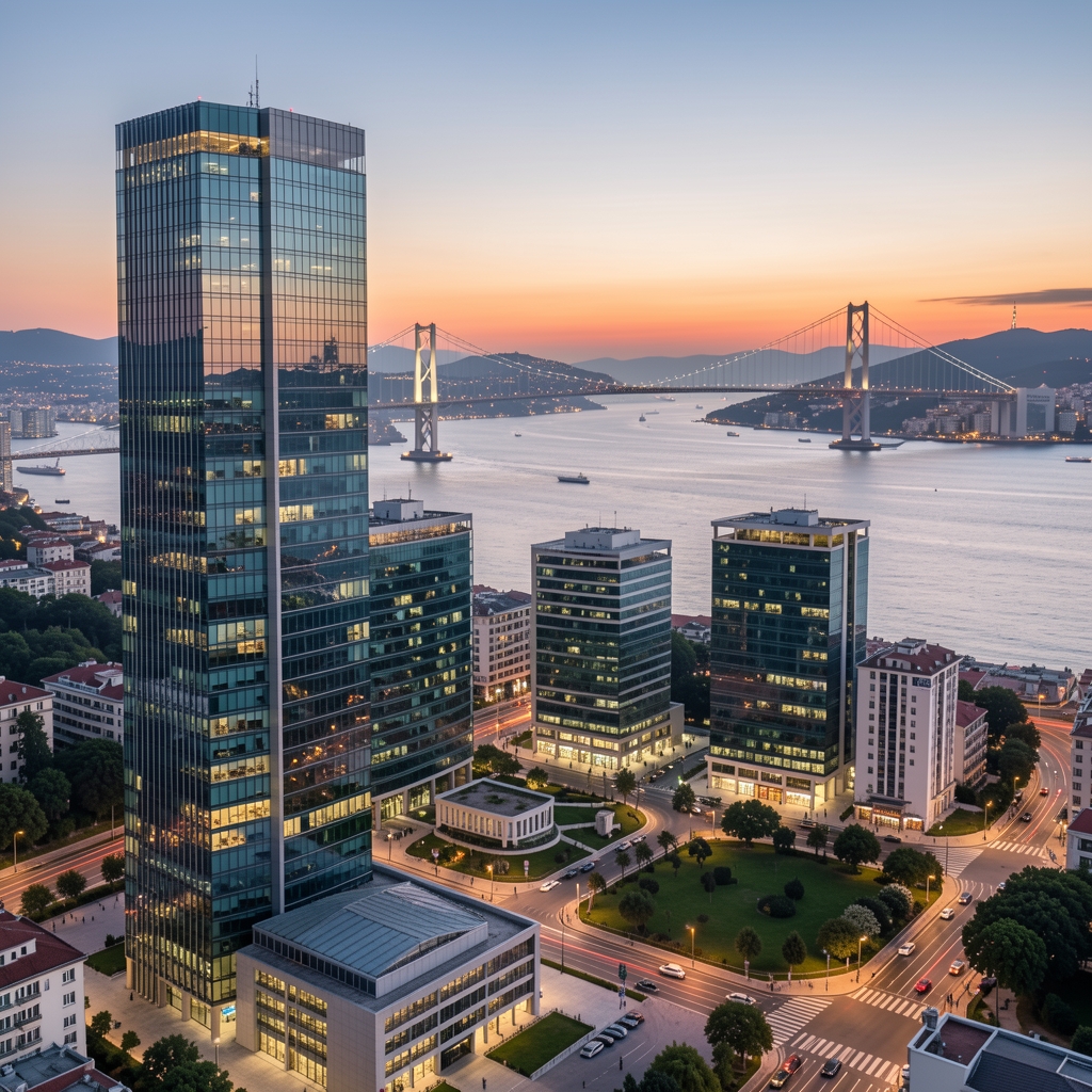 İstanbul finans merkezi manzarası; ön planda modern cam kule ofis binaları, arka planda Boğaz ve köprü silueti, akşam ışığında profesyonel fotoğraf
